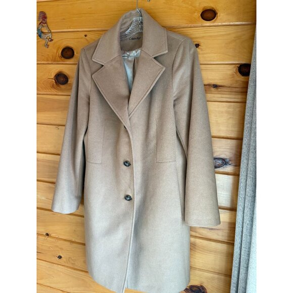 Calvin Klein Womens Camel Wool-Blend Coat Button Front Size 14 Timeless Outerwe - Picture 2 of 11